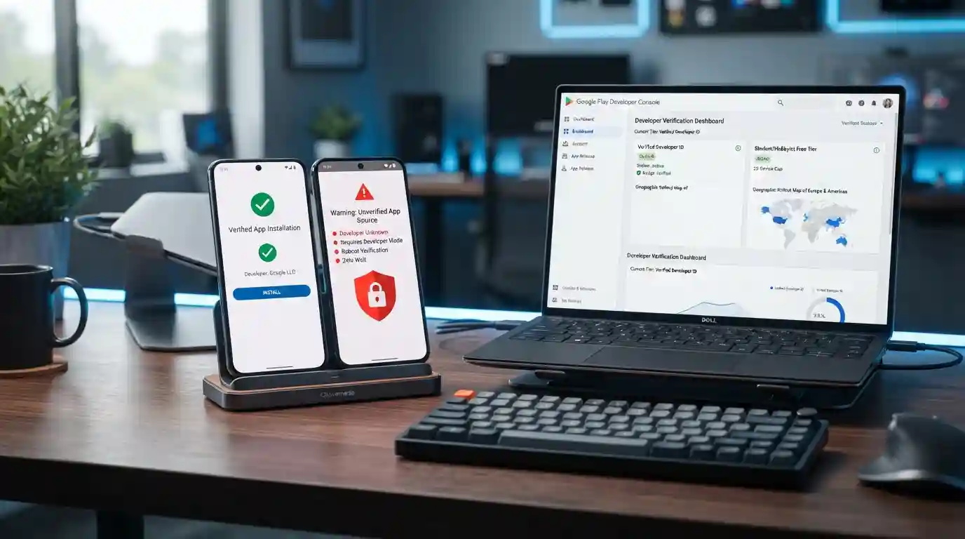 Two Android phones showing a verified and an unverified app install beside a developer verification dashboard