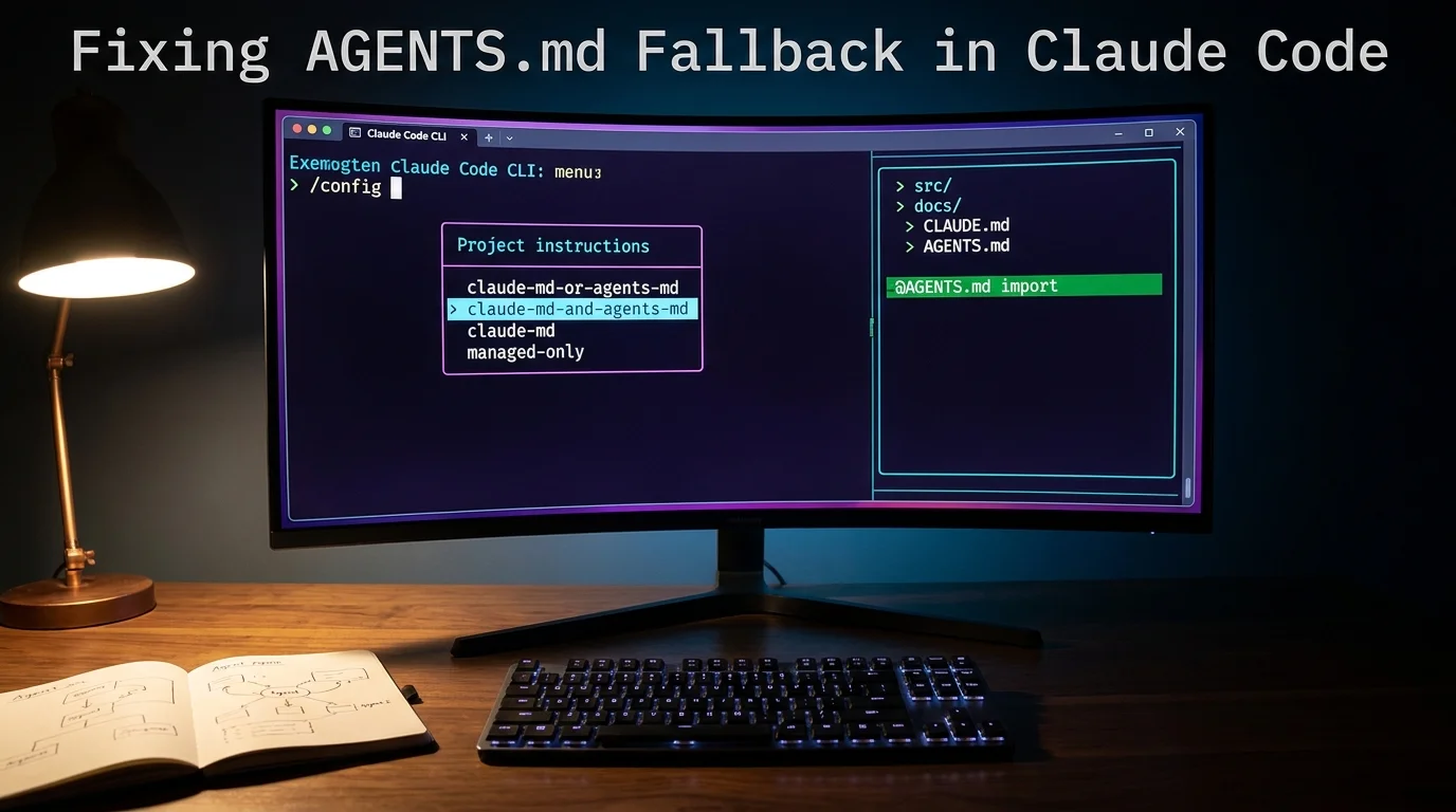 Claude Code /config screen showing the claude-md-and-agents-md project instructions setting