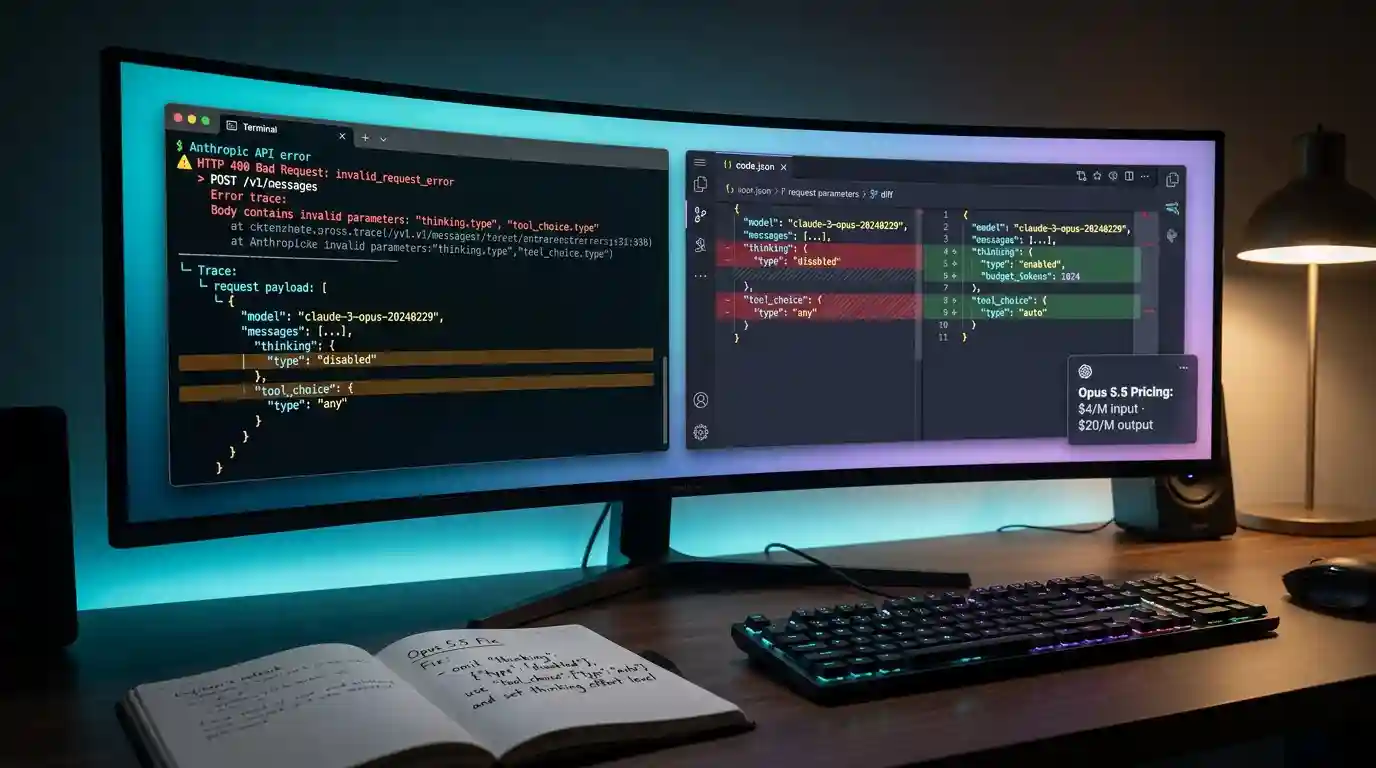 Developer monitor showing an Anthropic API 400 error for thinking and tool_choice settings beside a code diff