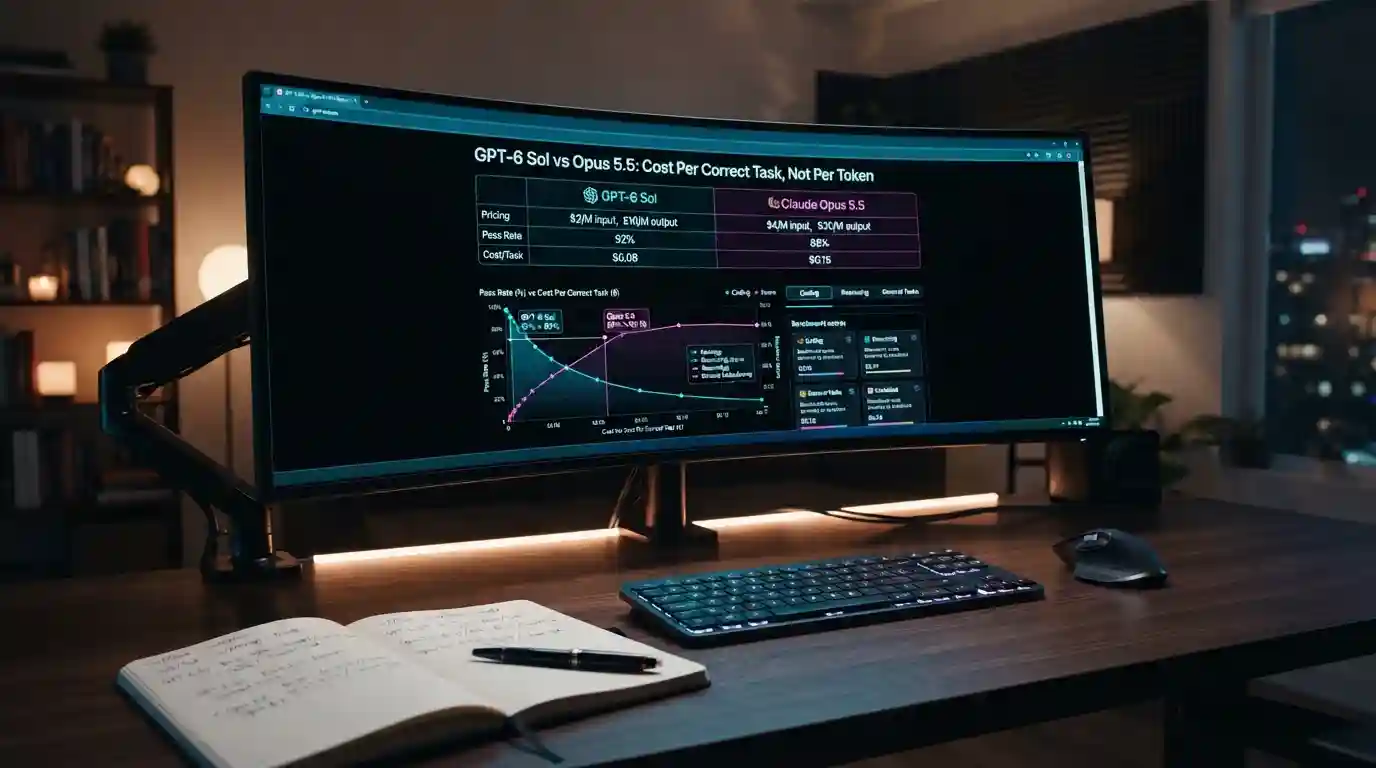 Monitor showing a GPT-6 Sol versus Claude Opus 5.5 cost and pass rate comparison