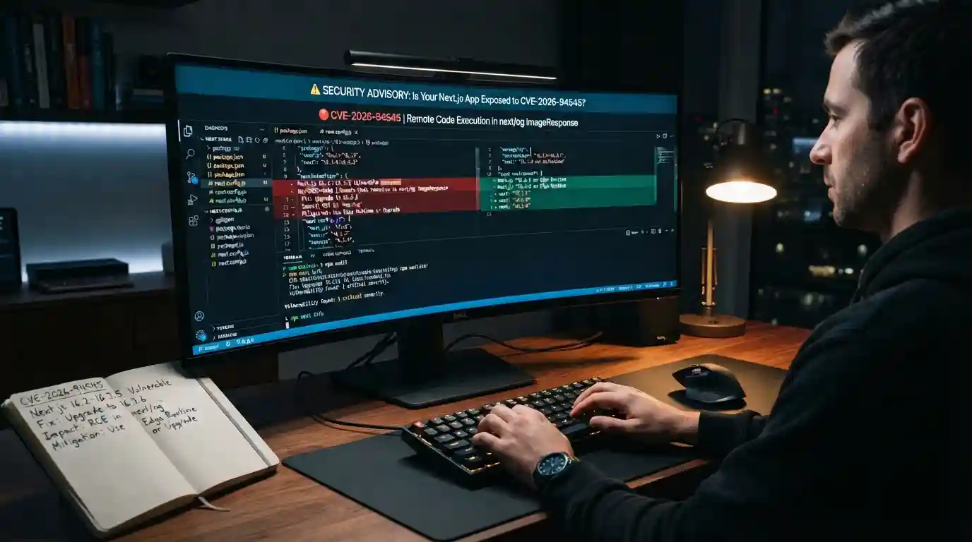 Developer reviewing a Next.js security advisory for CVE-2026-94545 in a code editor