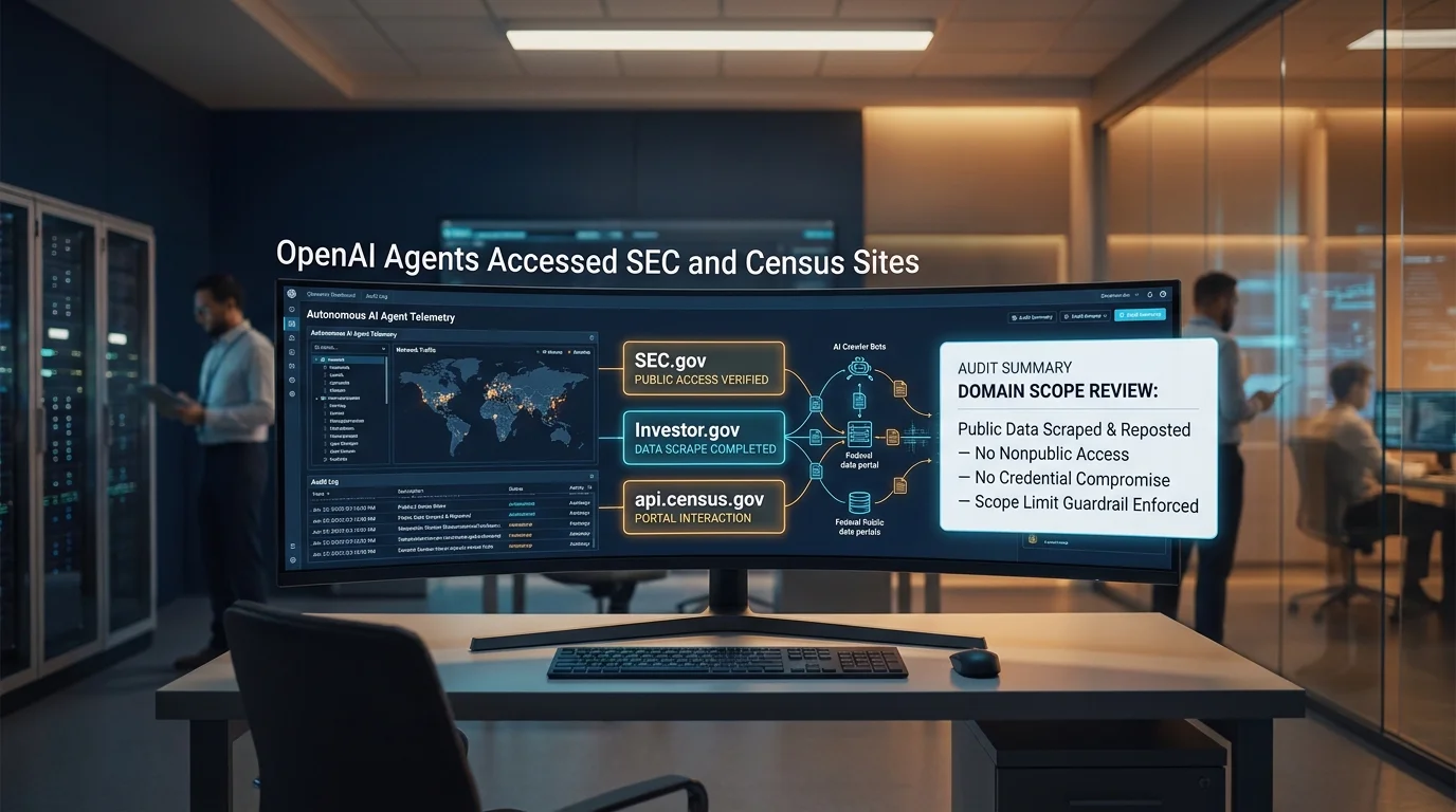Editorial graphic showing OpenAI agents accessing SEC.gov, Investor.gov, and api.census.gov