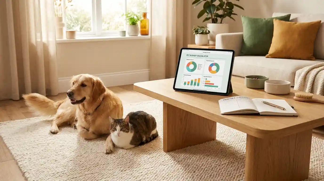 Golden retriever and cat resting on a rug beside a coffee table with a tablet showing a pet budget calculator dashboard