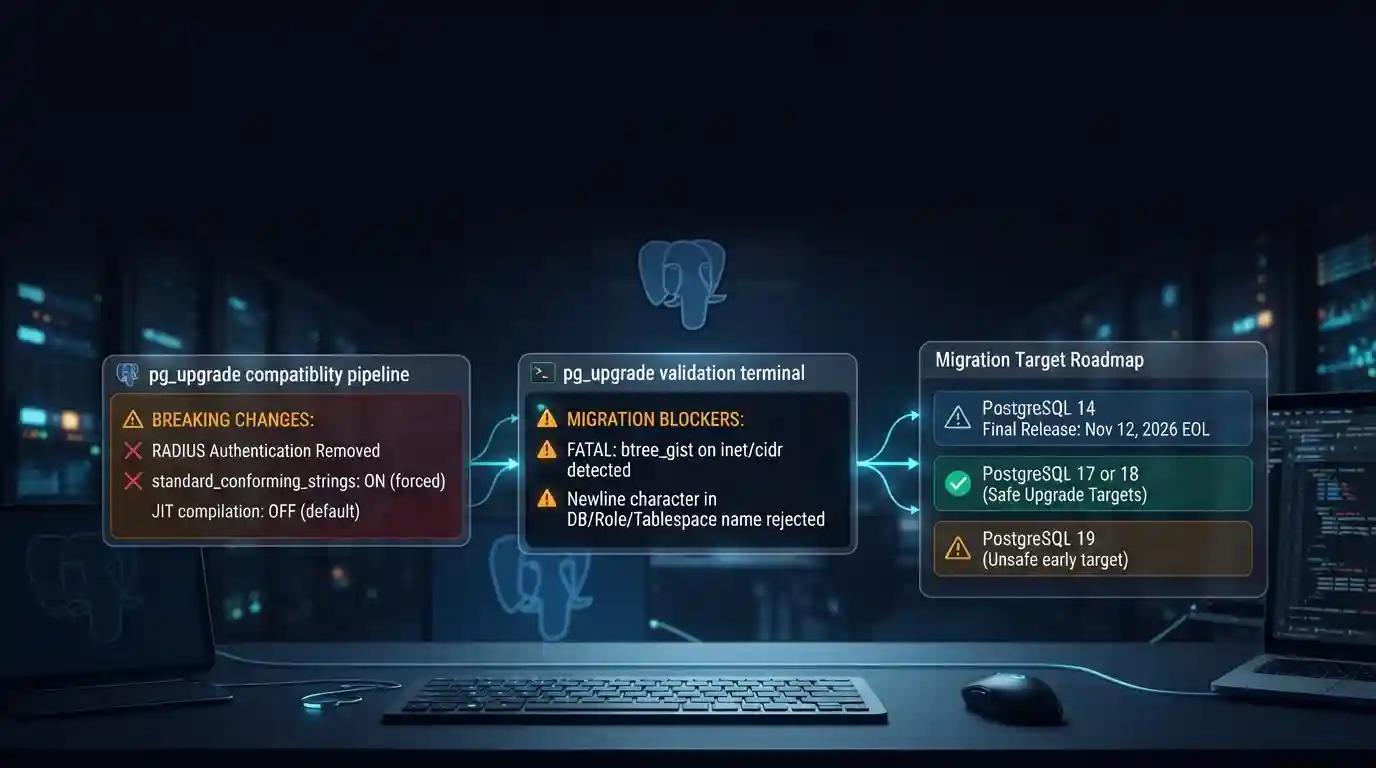 PostgreSQL 19 upgrade checklist covering removed features and pg_upgrade blockers